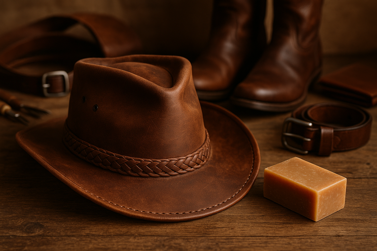 cowboy hat with a bar of soap to the side and some leather items in the background